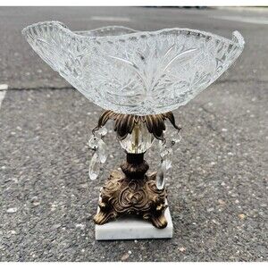 Vintage Crystal Compote Bowl Brass Marble Base Prism Centerpiece Regency Decor